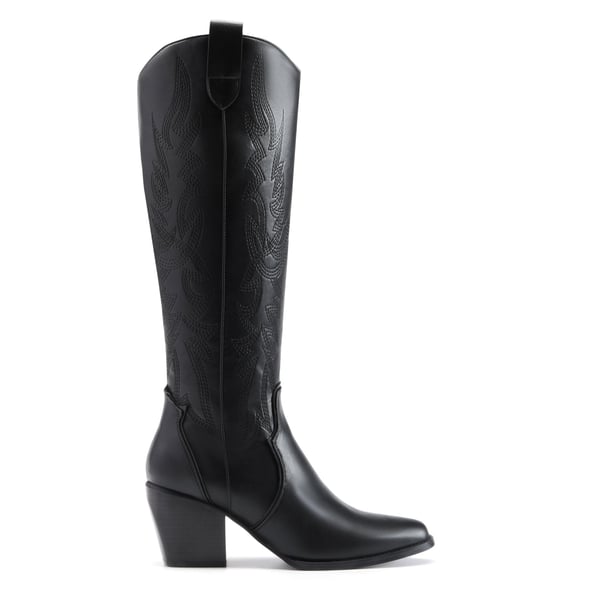 Dallas Embroidered Western Cowboy Knee High Boots - BLACK PU - 2
